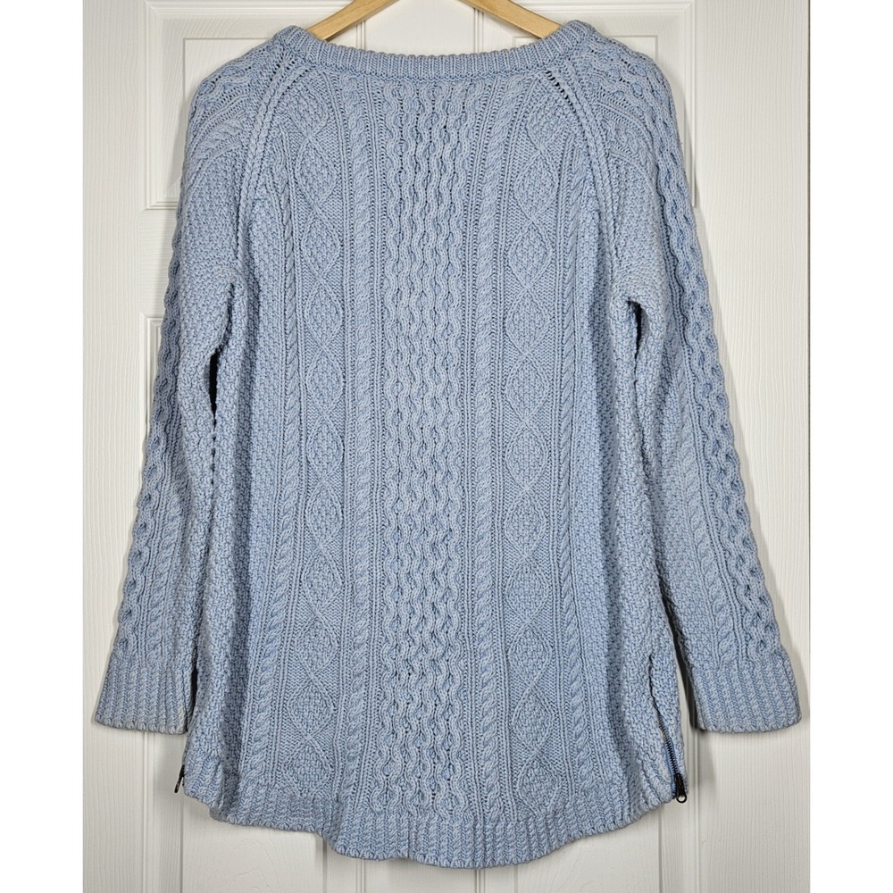 LL Bean Signature Fisherman Tunic Sweater L Chunky Cable Knit Ice Blue Lagenlook - Picture 4 of 9